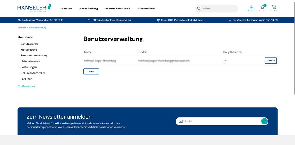 User management in the customer account of the online store of Hänseler