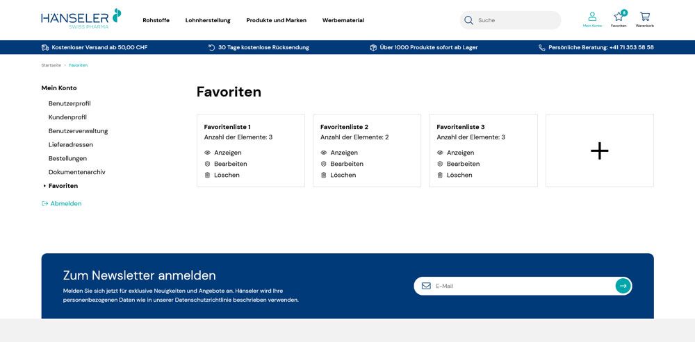Favorites lists in the customer account of the online store of Hänseler