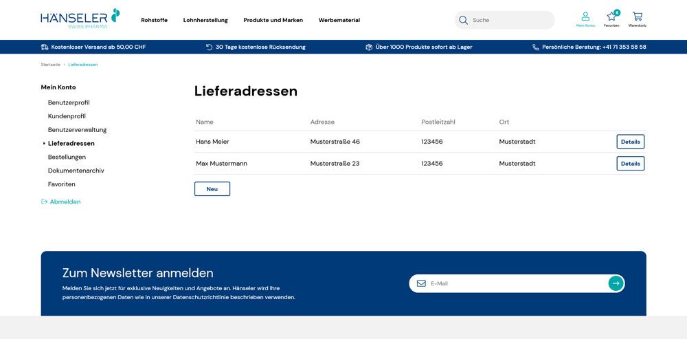 Gestione degli indirizzi di consegna nell'account utente del negozio online di Hänseler